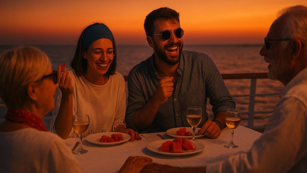 石垣島のディナークルーズで夕日を眺めながら食事を楽しむ人々